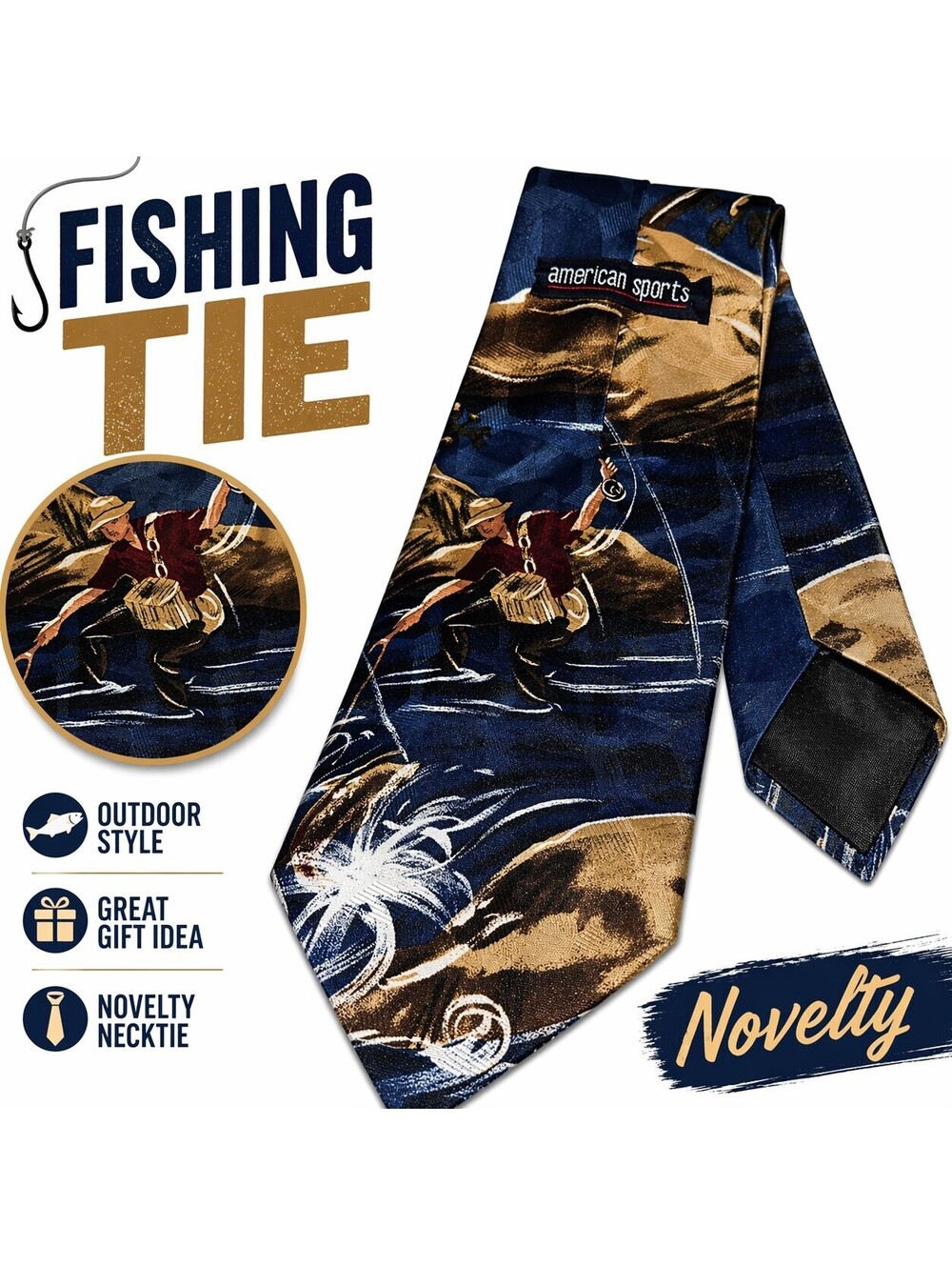 American Sports Fishing Tie Fisherman Novelty Navy Blue Outdoor Angler...